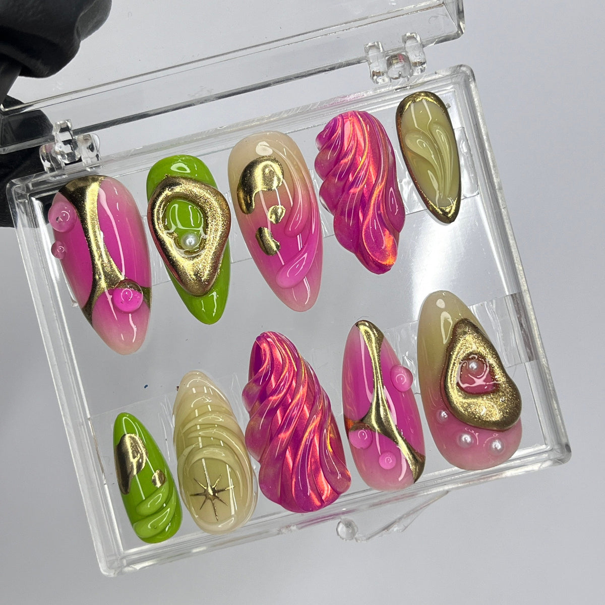 Magenta Pink and Lime Green Sculptural Swirl Press-On Nails with Gold Accents