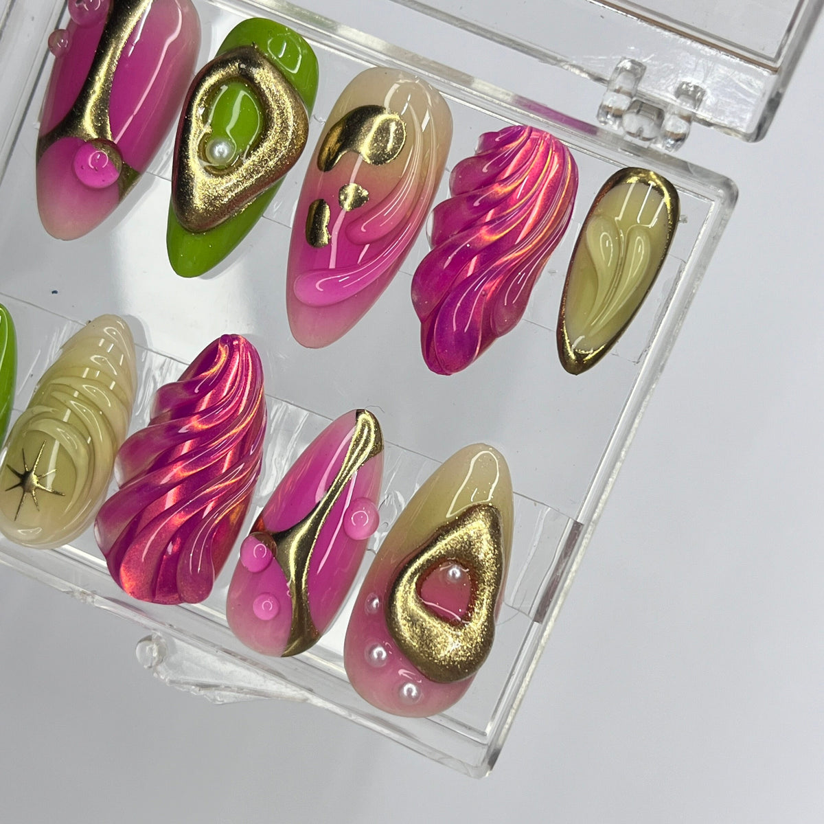 Magenta Pink and Lime Green Sculptural Swirl Press-On Nails with Gold Accents