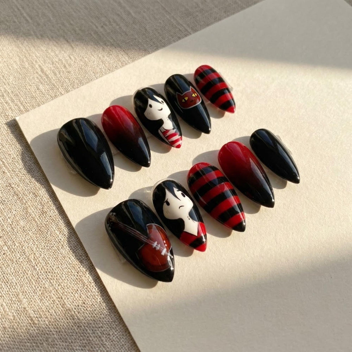 Marceline Vampire Queen Gothic Cartoon Press On Nail Set With Stripes and Guitar Art