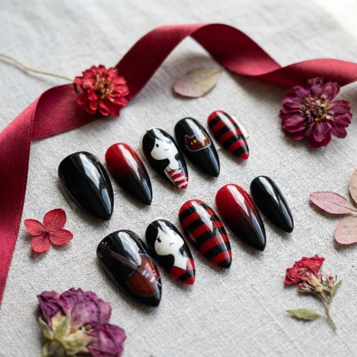 Marceline Vampire Queen Gothic Cartoon Press On Nail Set With Stripes and Guitar Art