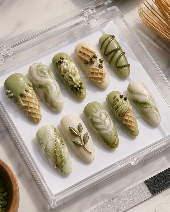 Matcha Latte and Ice Cream 3D Dessert Nail Set