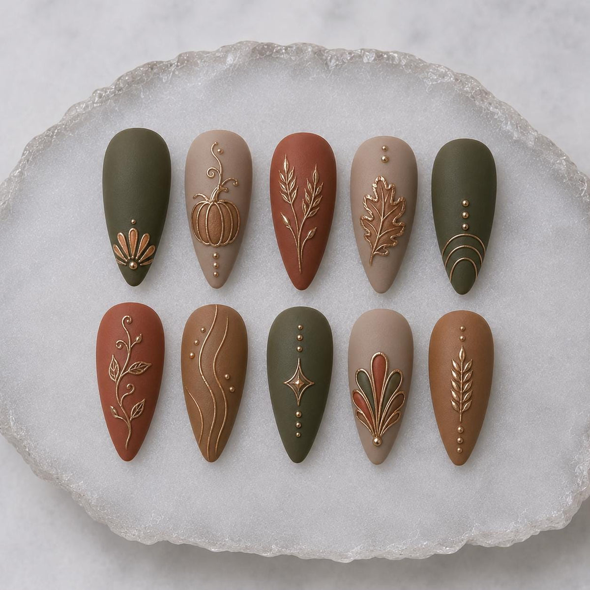 Matte Autumn Harvest Press On Nails With Gold Pumpkin, Leaf and Wheat Details