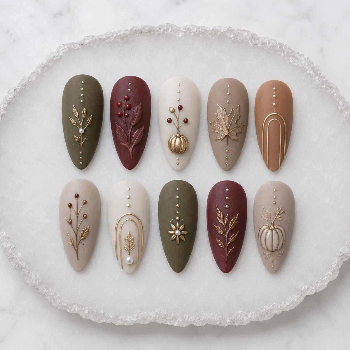 Matte Autumn Press On Nails with Gold Botanical Leaves, Pumpkins and Harvest Details