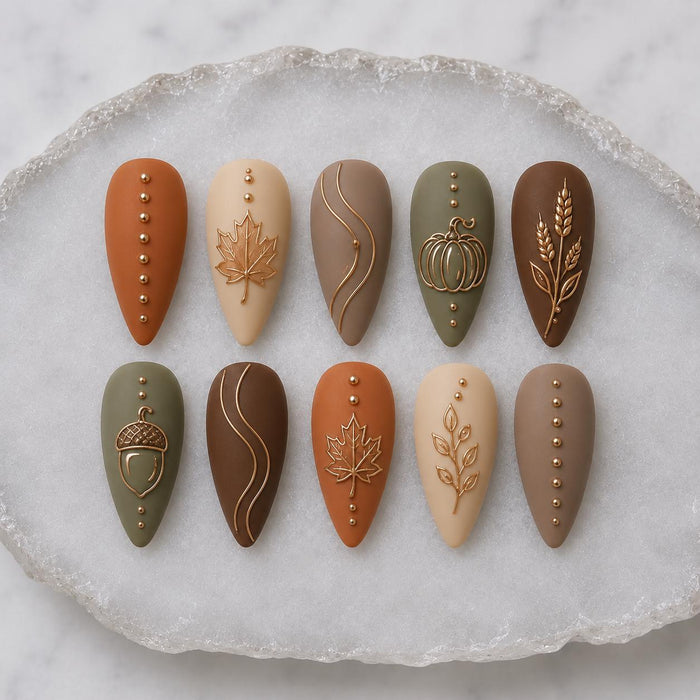 Matte Autumn Press On Nails With Gold Maple Leaves, Pumpkin and Acorn
