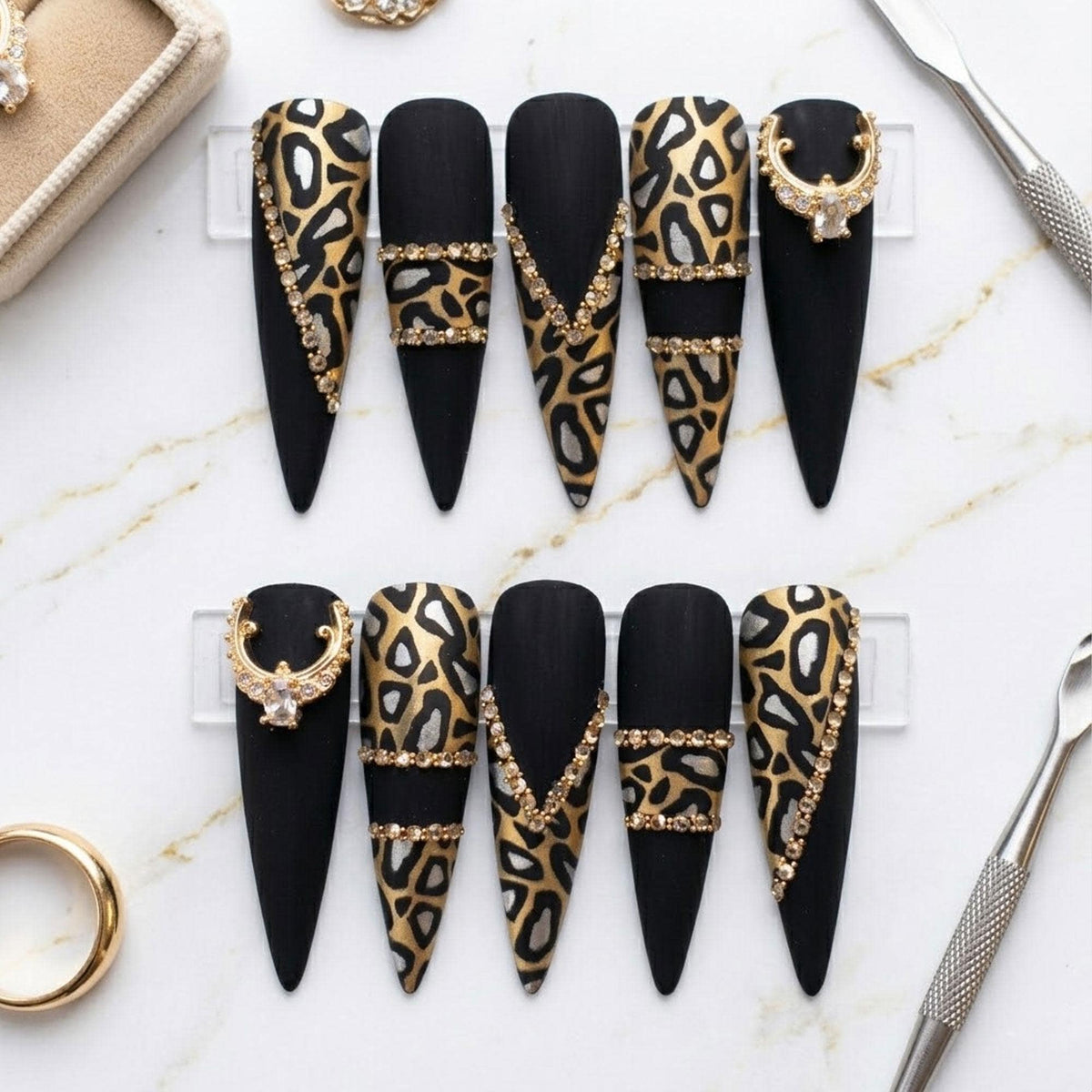 Matte Black and Leopard Print Press-On Nails with Gold-Tone Rhinestones and Charms