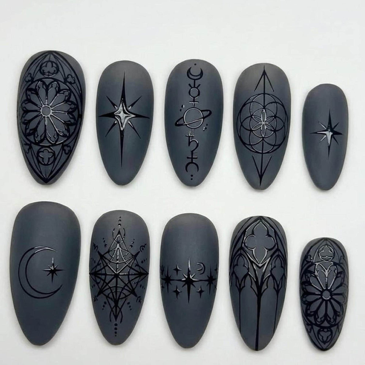 Matte Black Celestial Gothic Nails With Sigil Designs