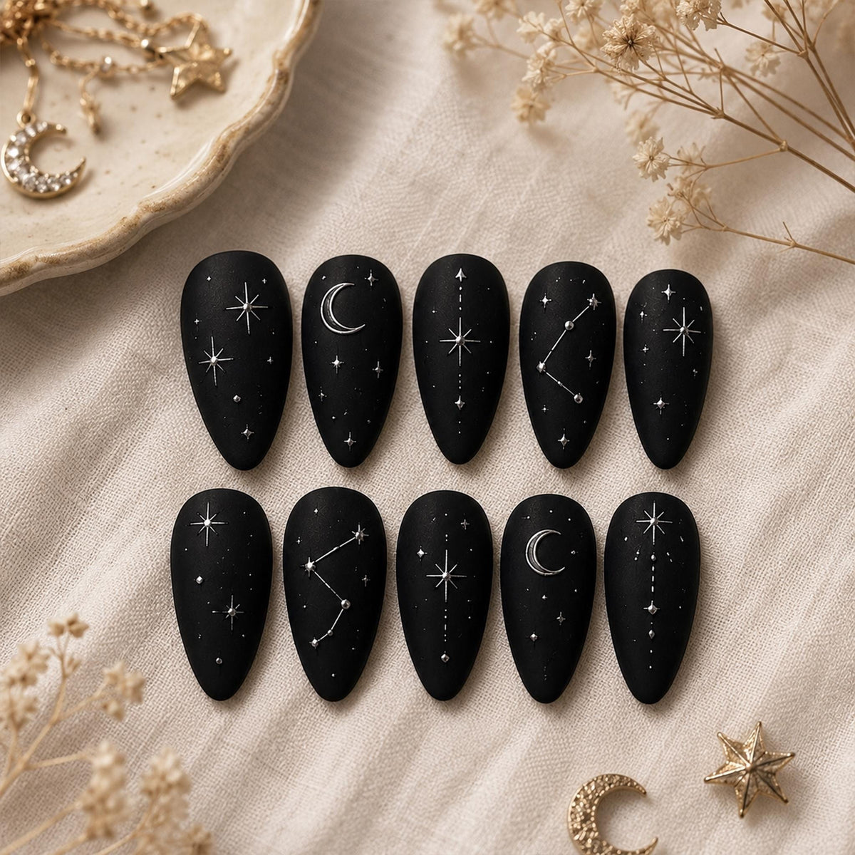 Matte Black Celestial Press-On Nails With Silver Moons, Stars, and Constellations