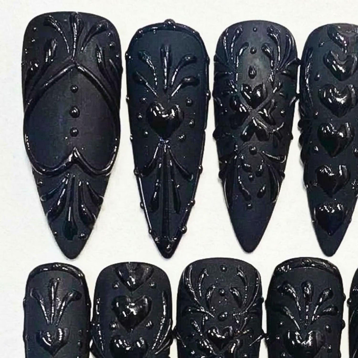 Matte Black Gothic Baroque Halloween Press-On Nails With Glossy 3D Hearts