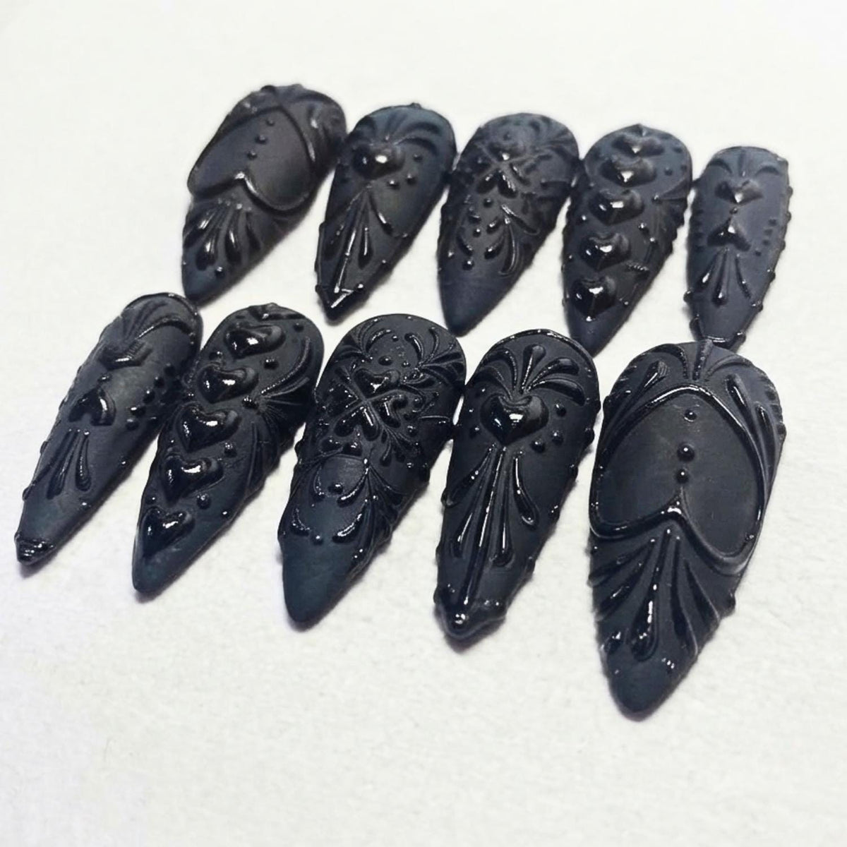 Matte Black Gothic Baroque Halloween Press-On Nails With Glossy 3D Hearts