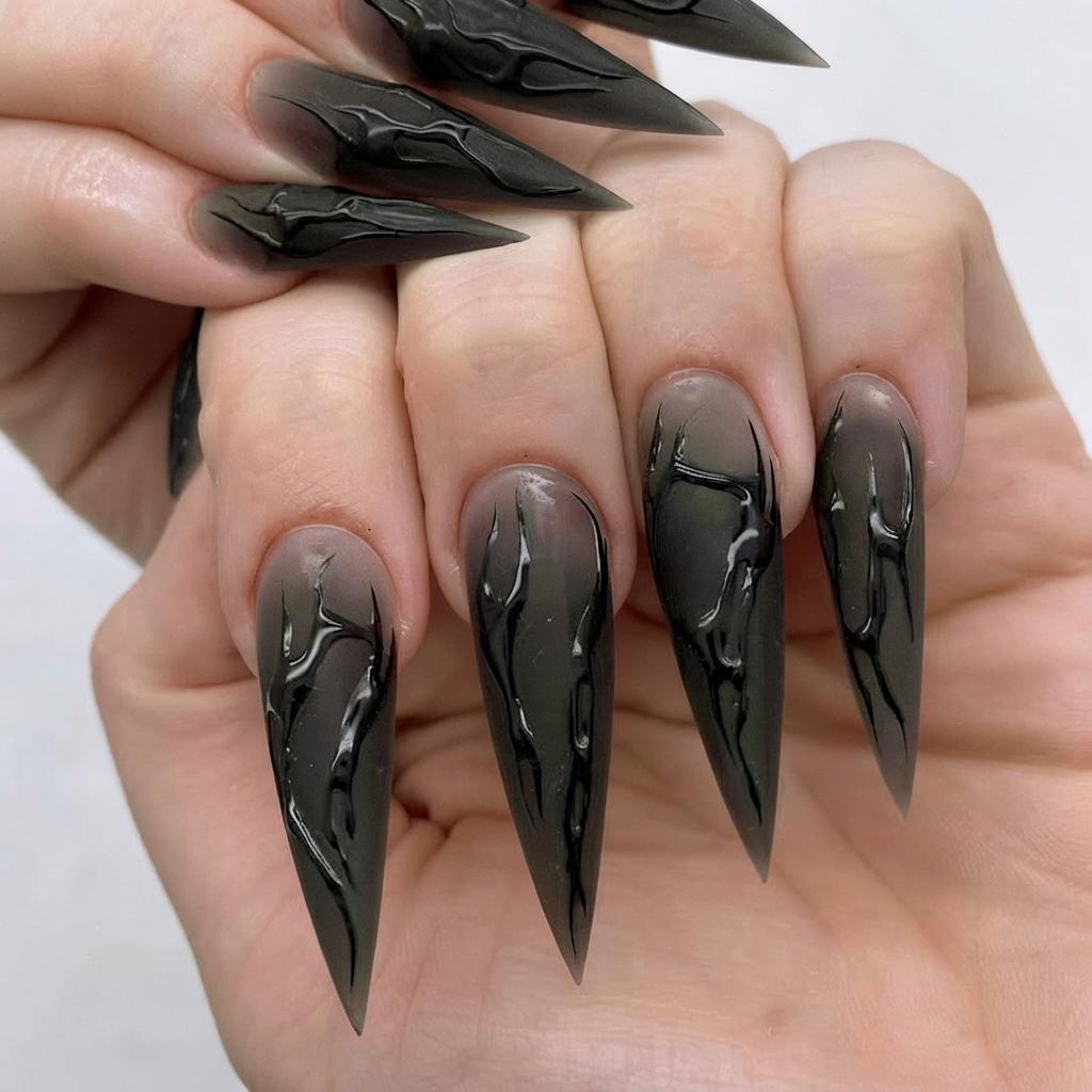 Matte Black Gothic Press On Nails With Glossy 3D Swirls