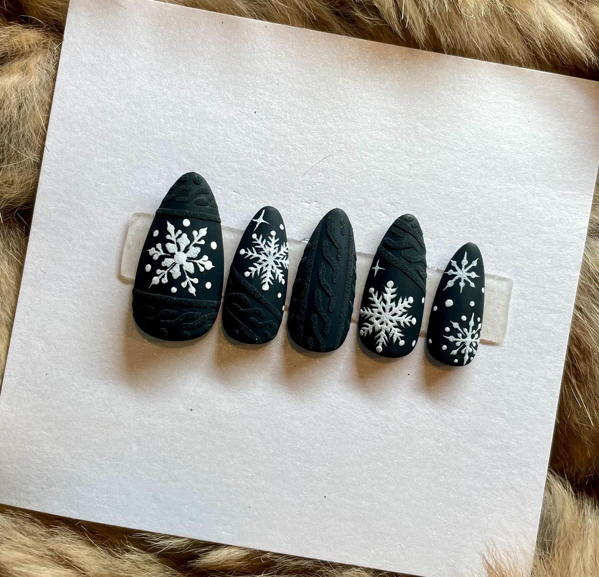 Matte Black Snowflake and Sweater Knit Holiday Press On Nails