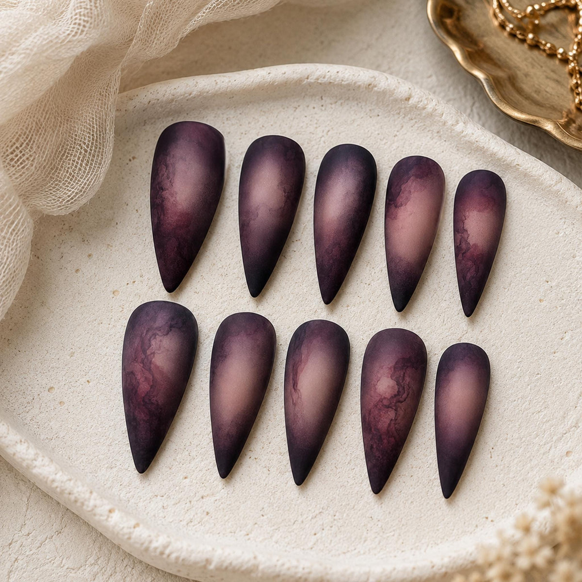 Matte Dark Plum and Black Marble Press-On Nail Set