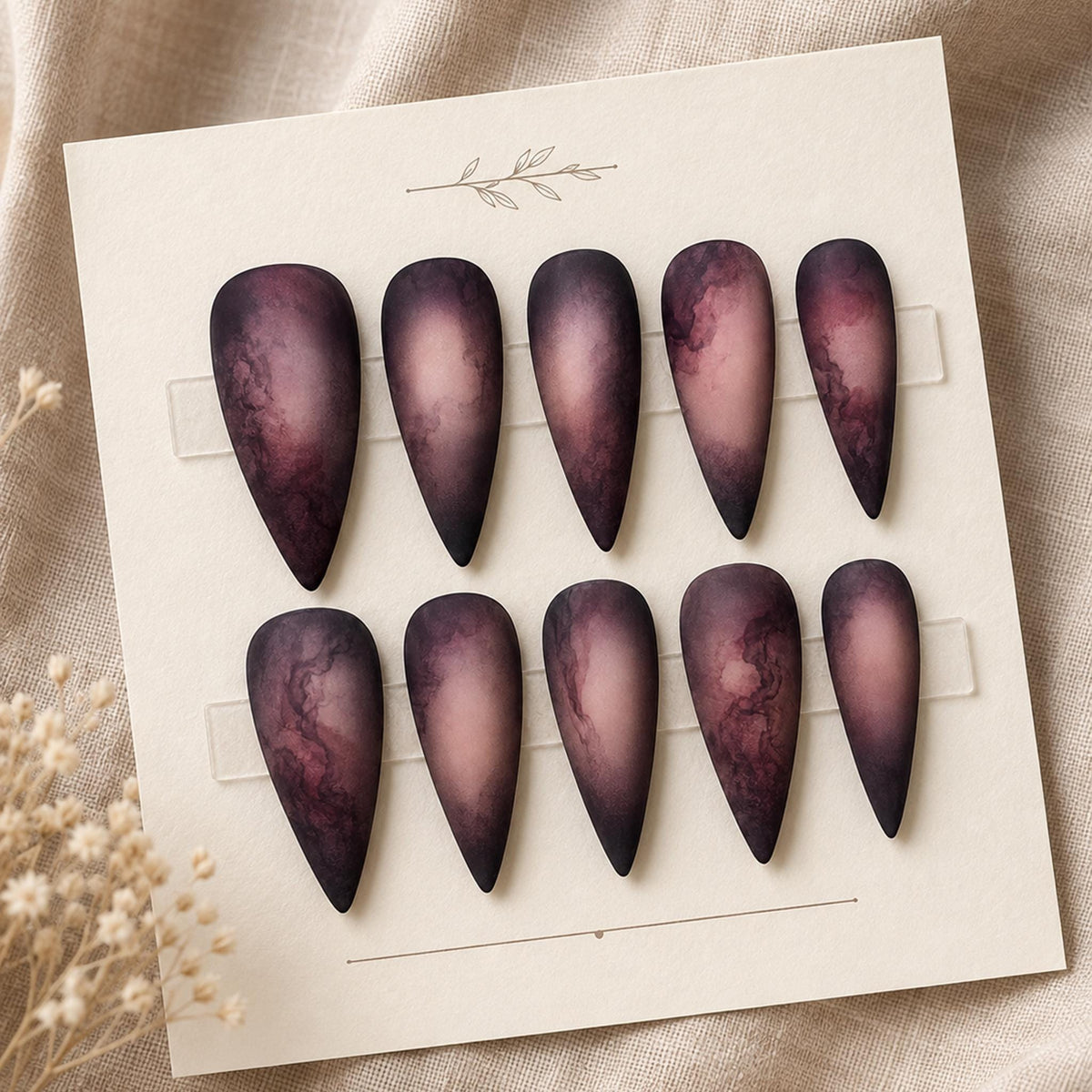 Matte Dark Plum and Black Marble Press-On Nail Set