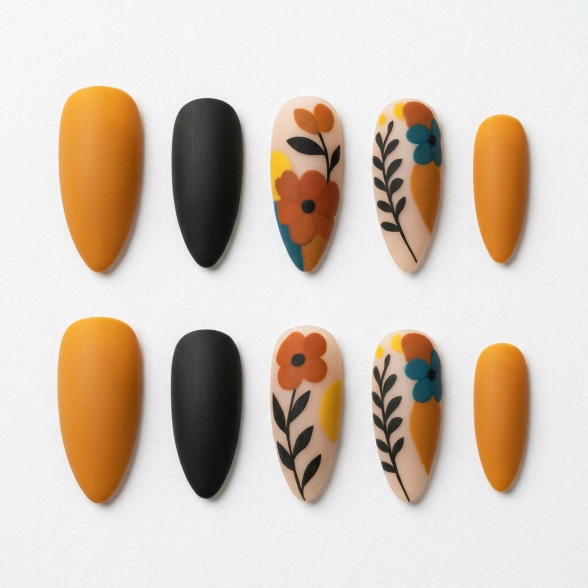 Matte Mustard Orange and Black Boho Floral Press On Nails