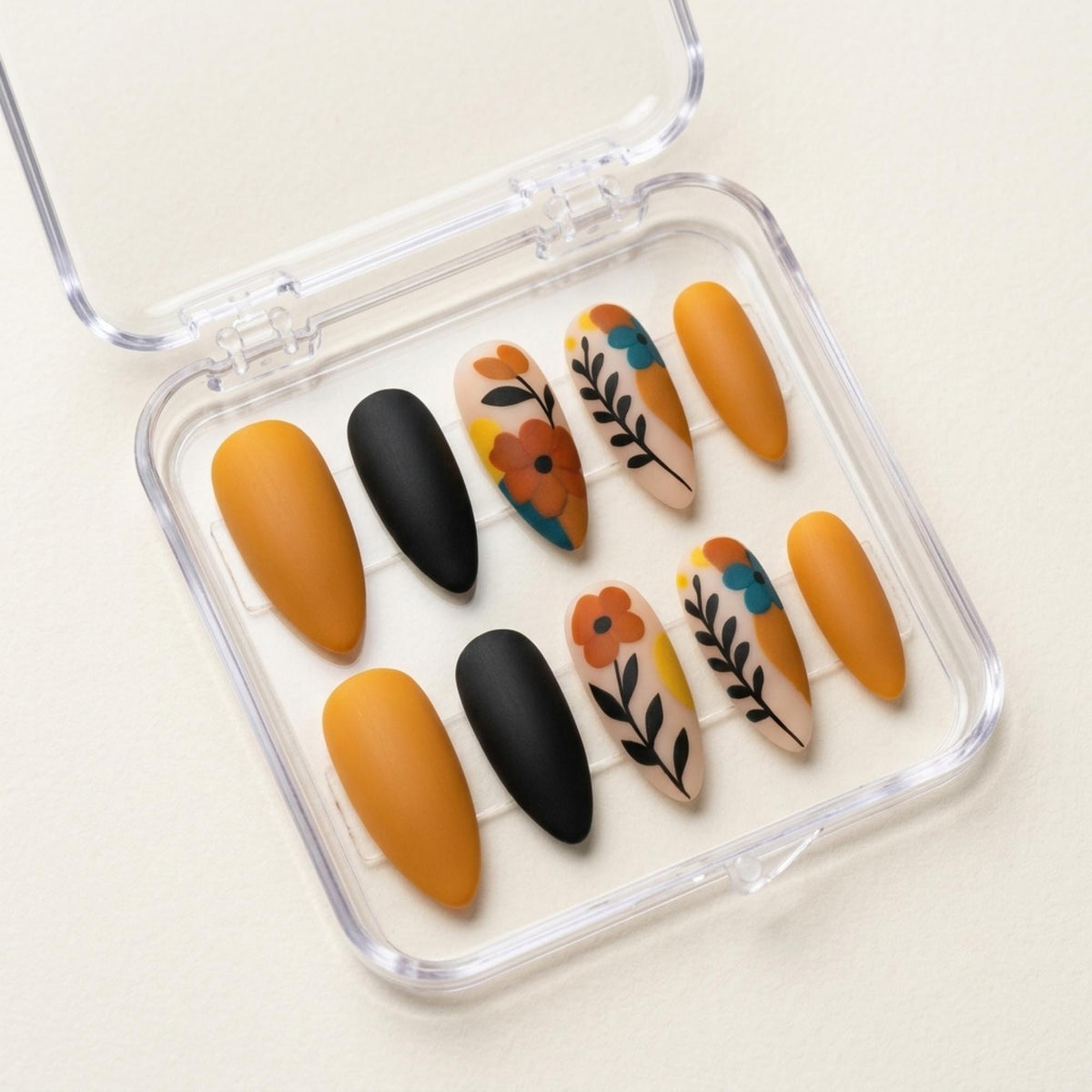 Matte Mustard Orange and Black Boho Floral Press On Nails
