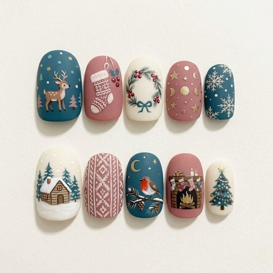 Matte Rustic Christmas Nails With Deer, Wreath, Snowflakes & Winter Scenes