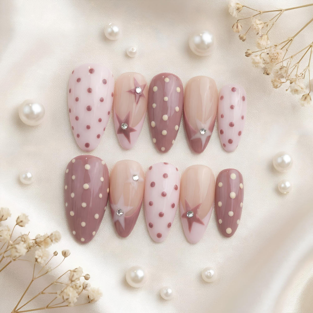 Mauve and Pink Polka Dot Star Coquette Press-On Nail Set