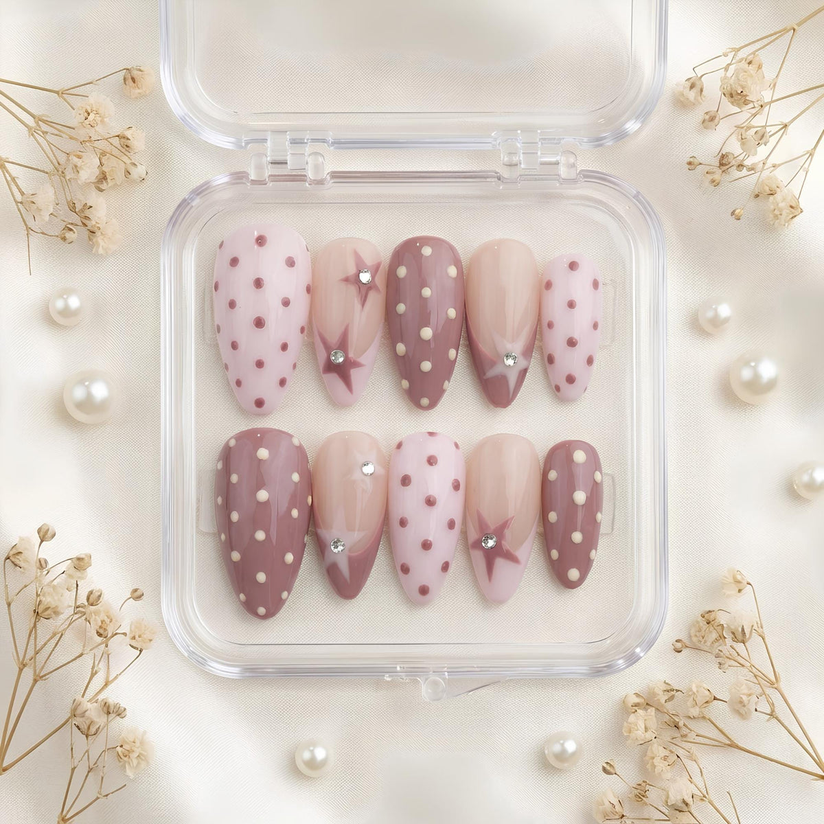 Mauve and Pink Polka Dot Star Coquette Press-On Nail Set