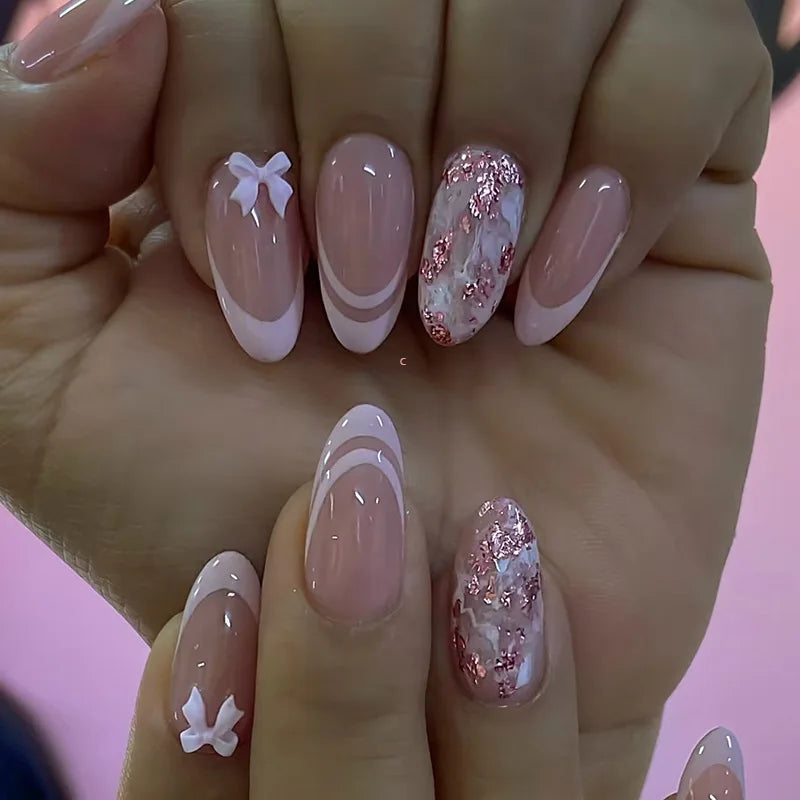 Mauve Nude French Tip Nails With White Bows and Pink Silver Glitter