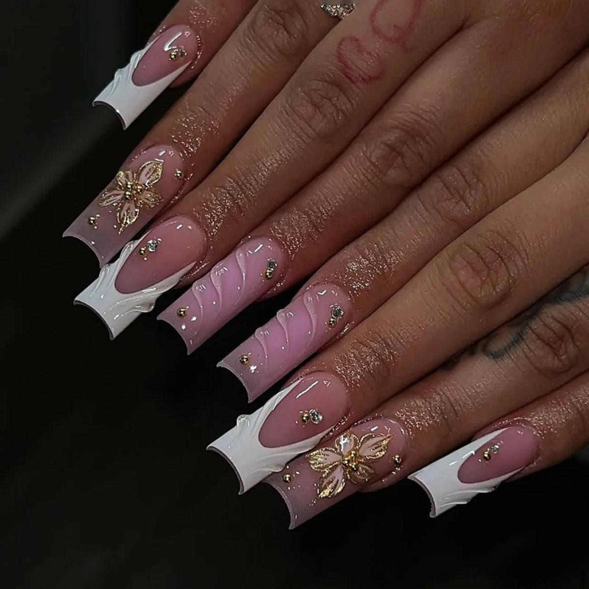 Mauve Pink French Tip Nails with 3D Gold Flowers and Rhinestones