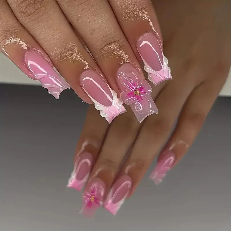 Mauve Pink French Tip Nails With White Swirls and 3D Flowers