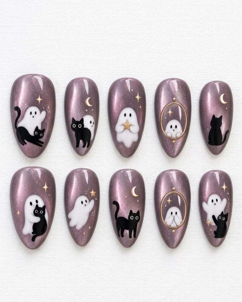 Mauve Purple Cat Eye Halloween Nails With Cats, Ghosts, Stars, and Moons