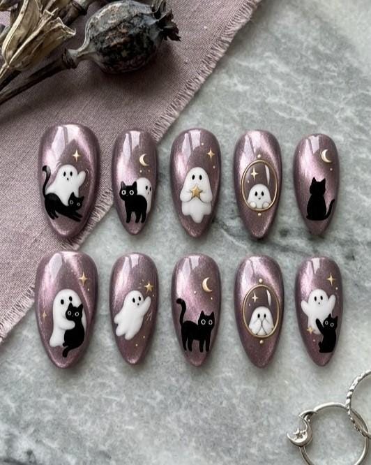 Mauve Purple Cat Eye Halloween Nails With Cats, Ghosts, Stars, and Moons