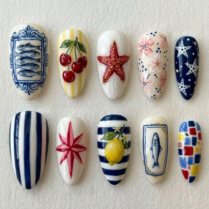 Mediterranean Coastal Ceramic-Inspired Press On Nail Set With Fish, Lemons, Cherries and Starfish
