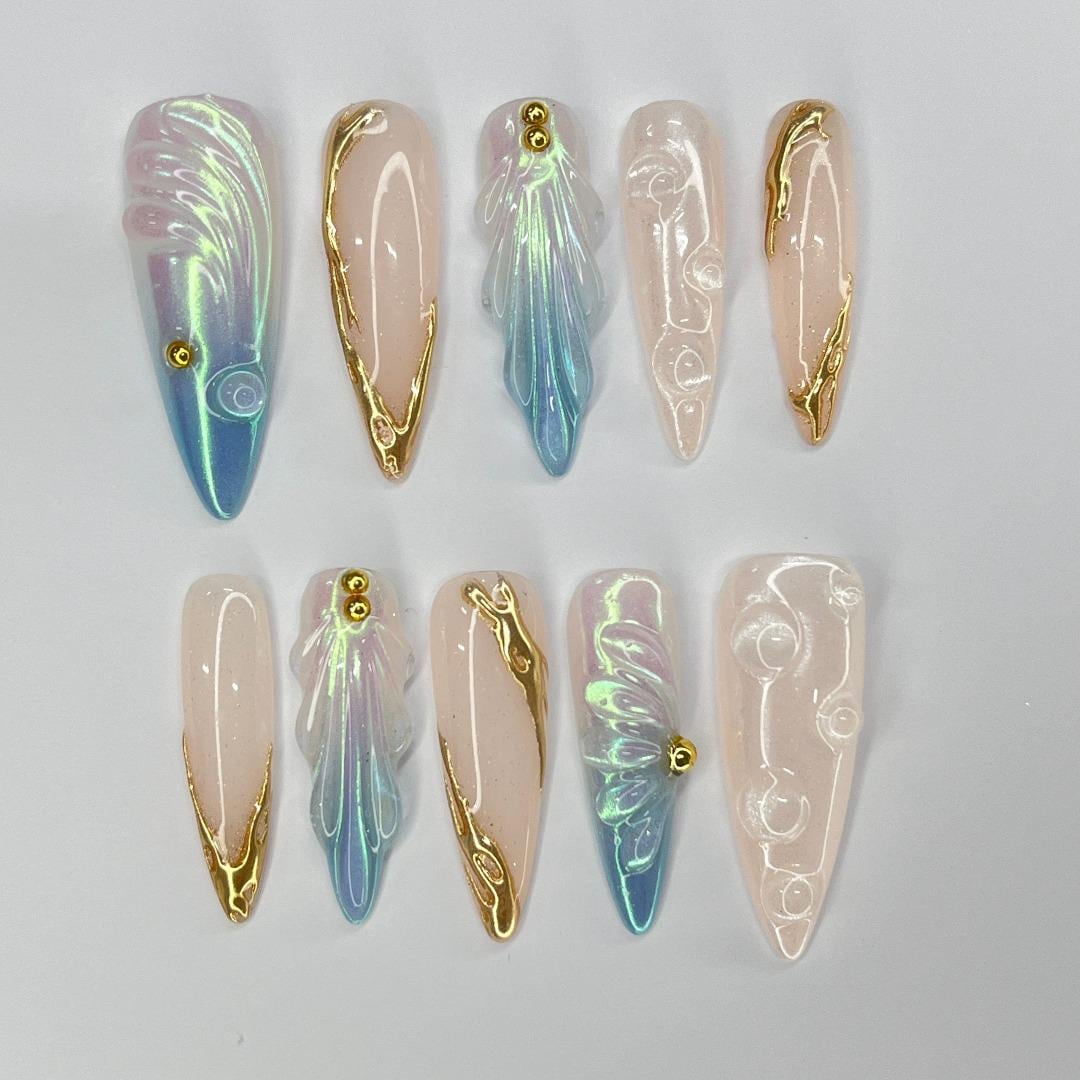 Mermaid-Inspired Iridescent Blue-Green and Blush Nude Press-On Nail Set with Gold Details