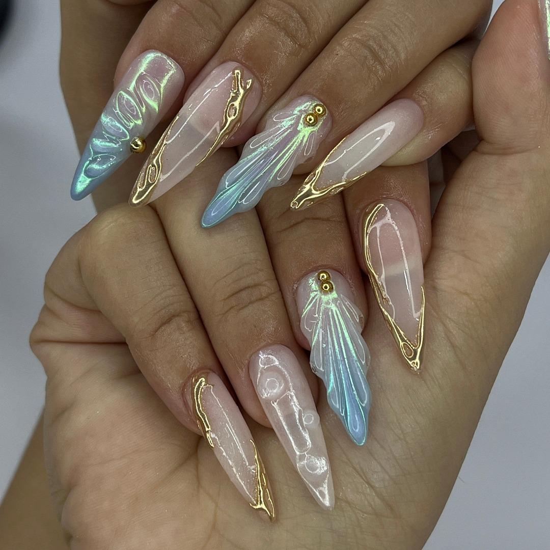 Mermaid-Inspired Iridescent Blue-Green and Blush Nude Press-On Nail Set with Gold Details