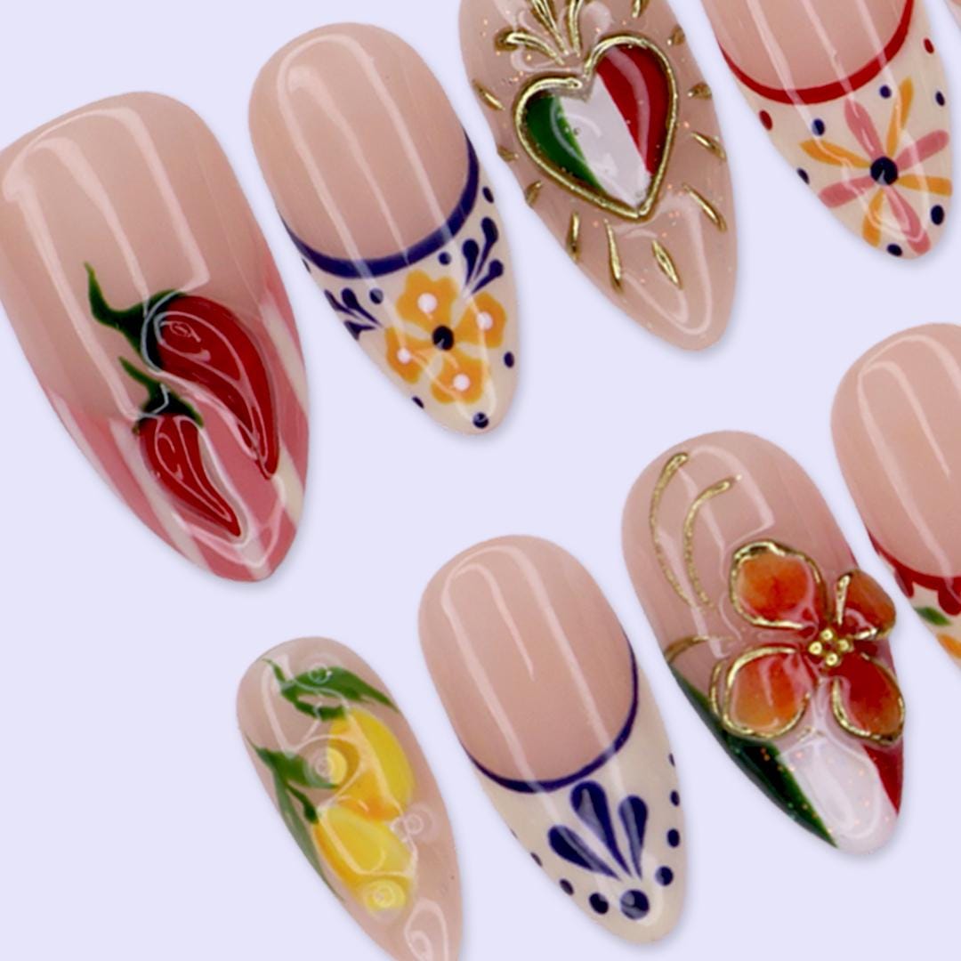 Mexican Folk Art Press On Nails With Chili Peppers, Lemons, Cactus and Sacred Heart