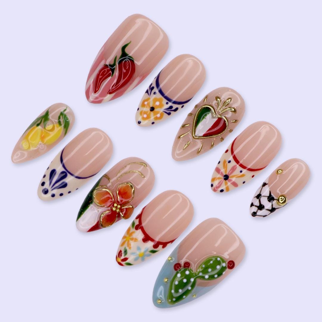 Mexican Folk Art Press On Nails With Chili Peppers, Lemons, Cactus and Sacred Heart