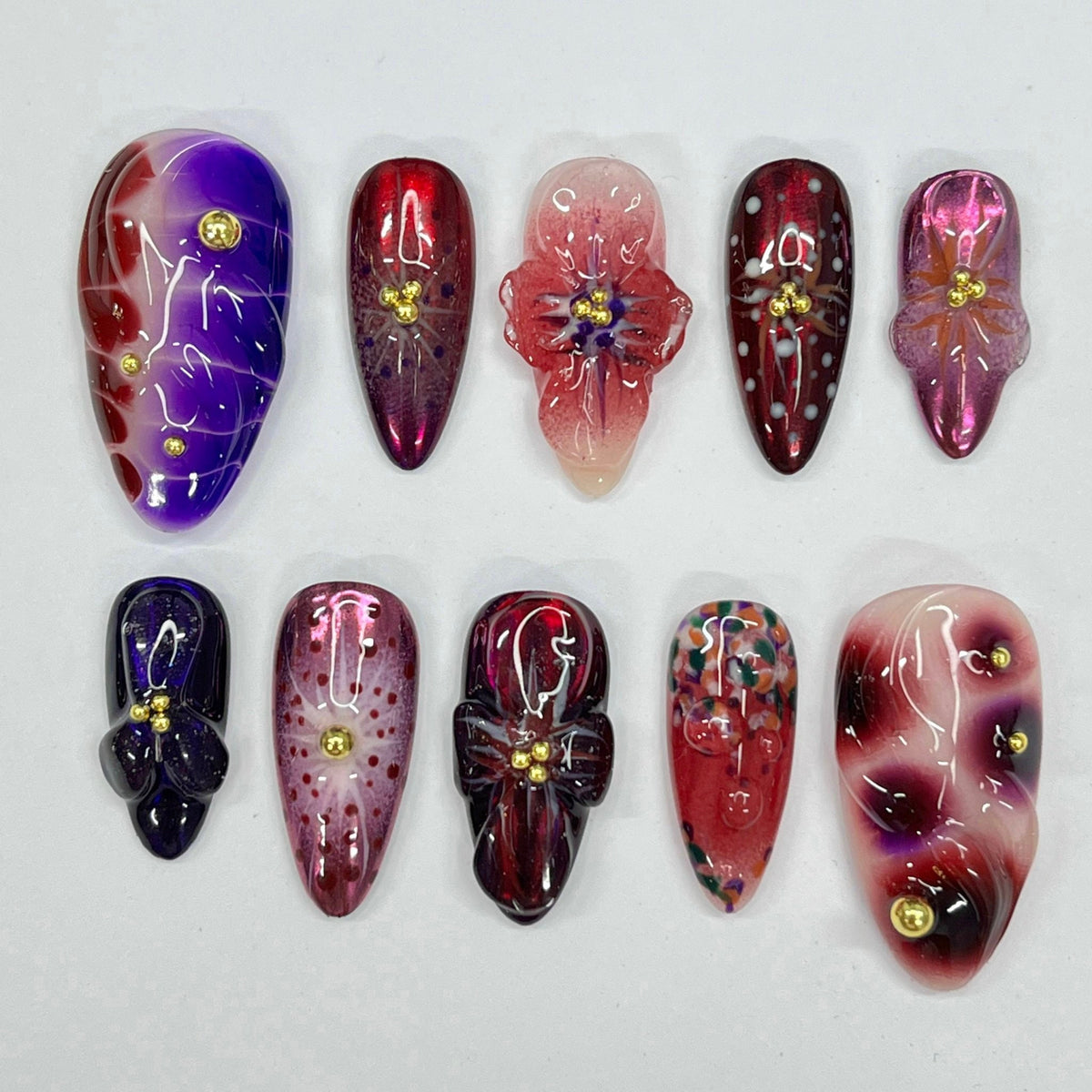 Midnight Blossom Floral Press On Nails With Marbled Colors, Raised Flowers, and Gold Details