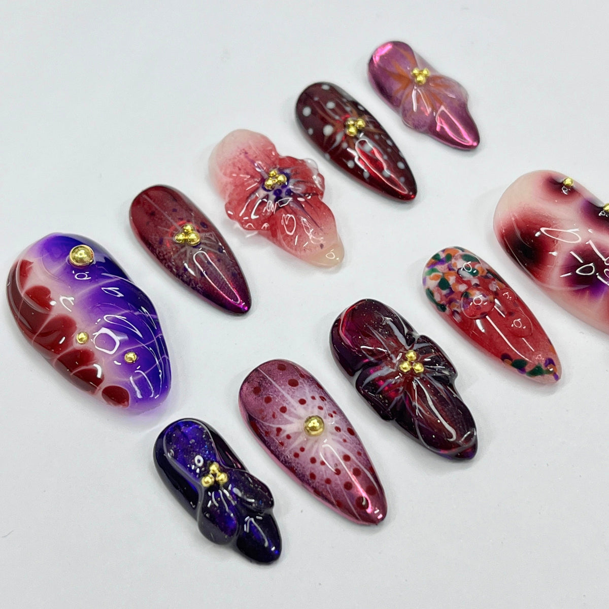 Midnight Blossom Floral Press On Nails With Marbled Colors, Raised Flowers, and Gold Details