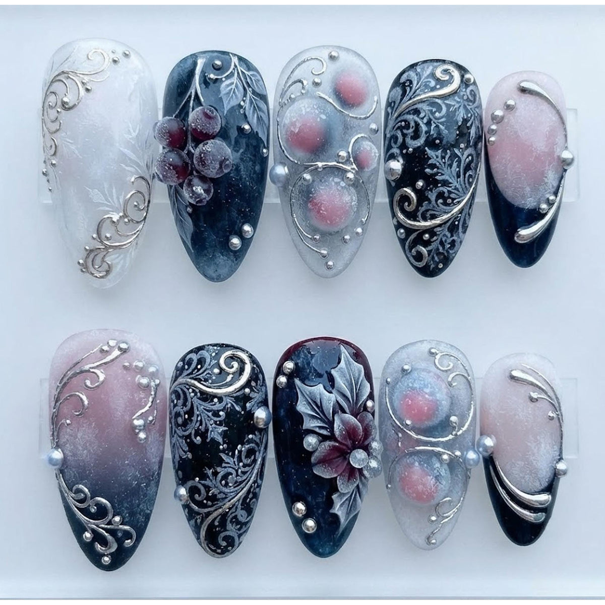 Midnight Blue and Frosted Pink Winter Nails With Silver Filigree and Berry Accents
