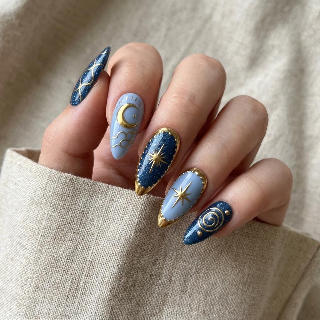 Midnight Blue Celestial Press On Nails with Gold Moons and Stars