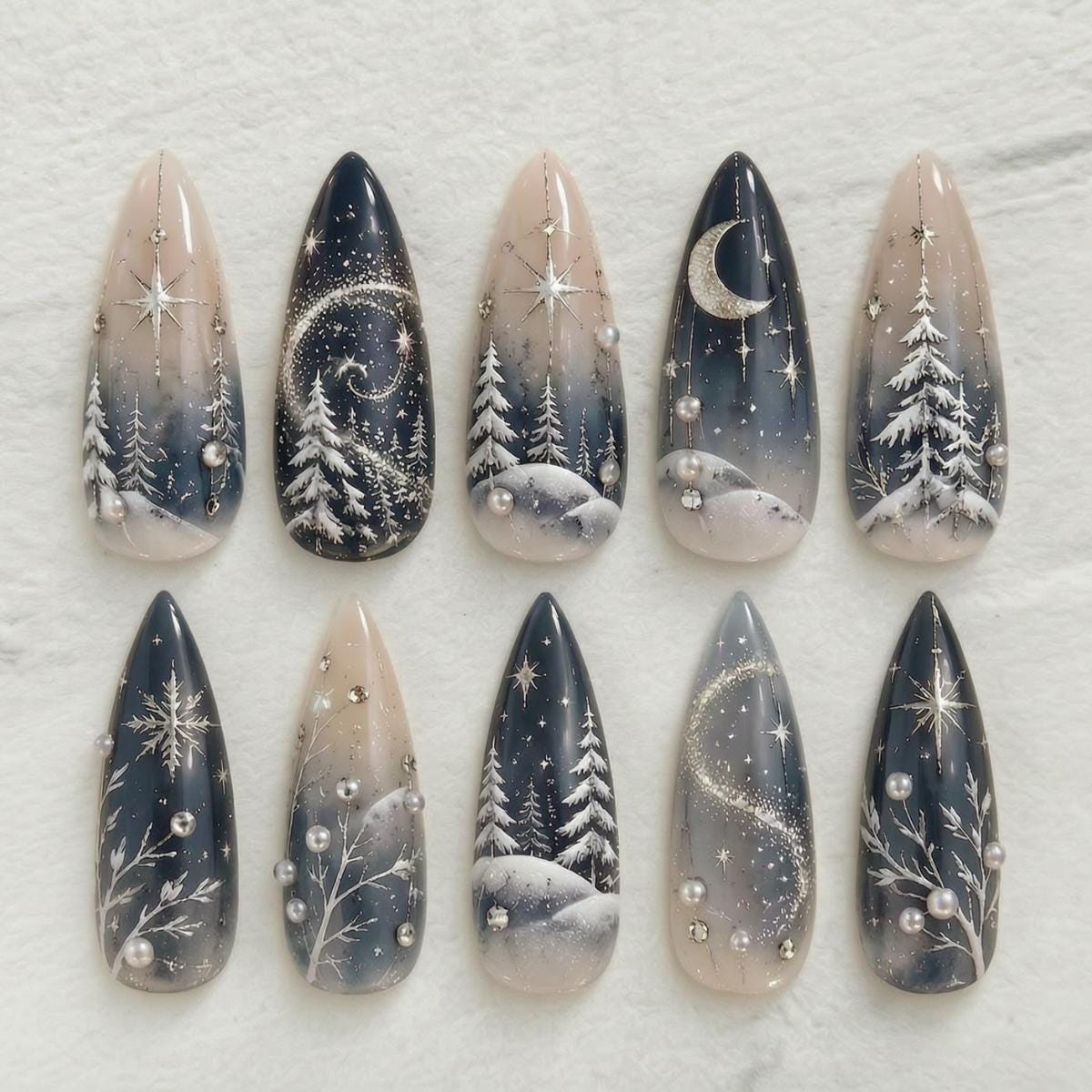 Midnight Blue Snowy Woodland Nails With Crescent Moons and Stars
