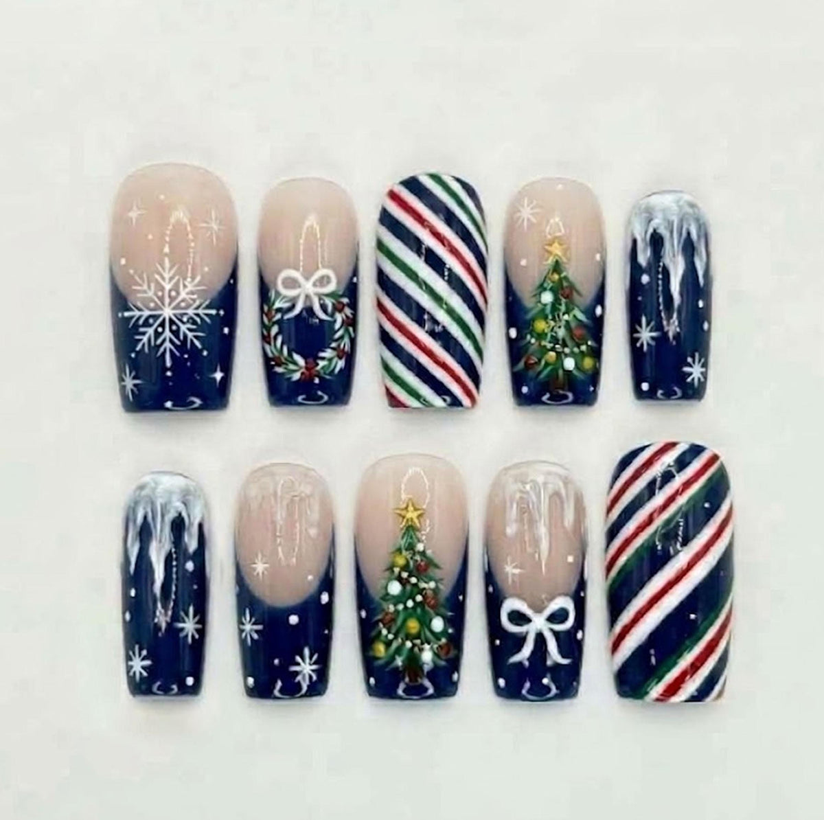 Midnight Navy Christmas Nails With Snowflakes, Trees, Bows and Stripes