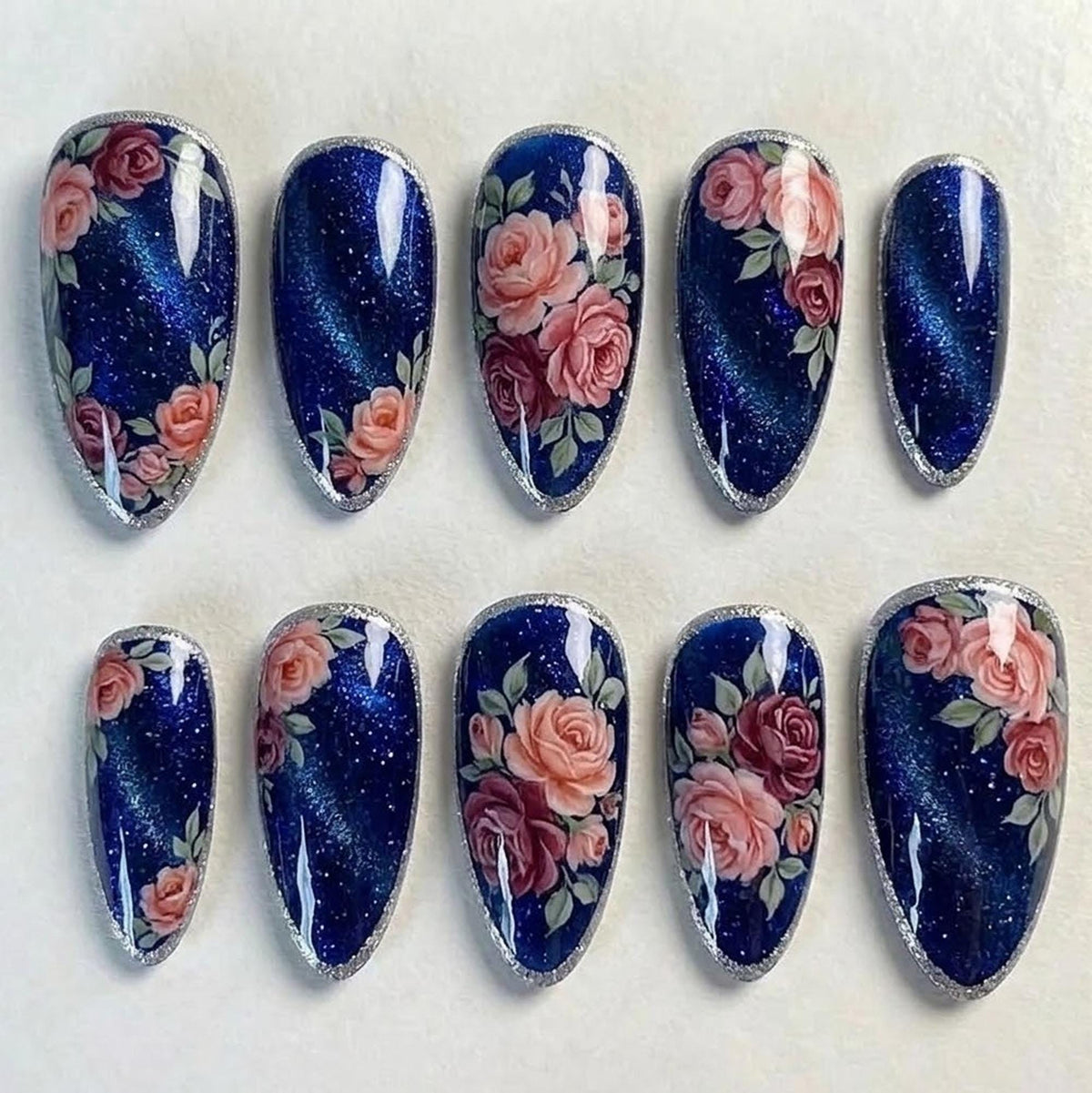 Midnight Rose Navy Blue Glitter Floral Nail Set