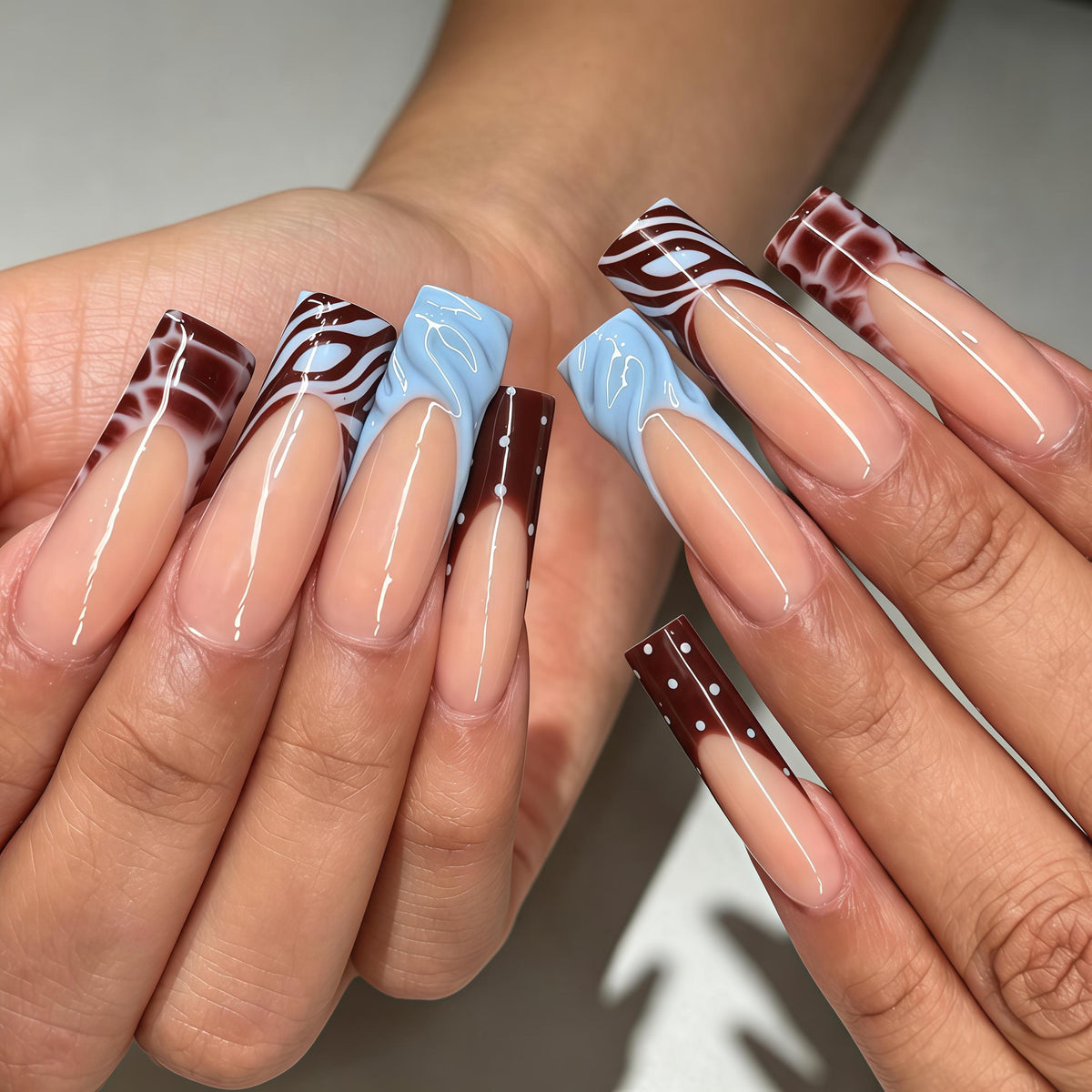 Milk Coffee and Blue Wave French Tip Nail Set with Polka Dots
