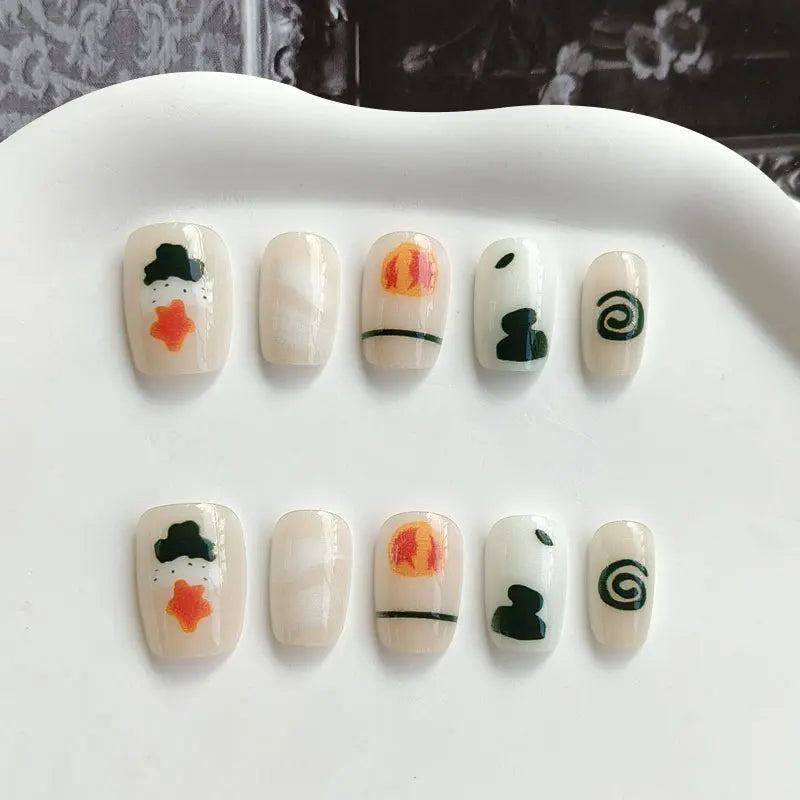 Milky Cream Autumn Nail Set With Abstract Green, Orange and Yellow Accents
