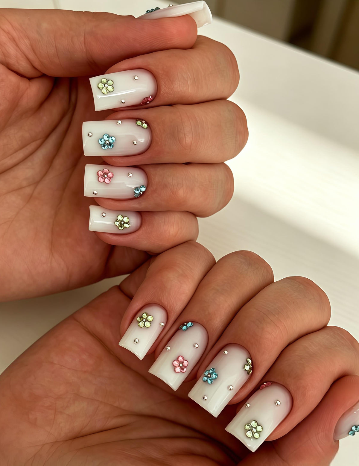 Milky Cream Floral Press On Nails With Pastel 3D Flowers and Rhinestones