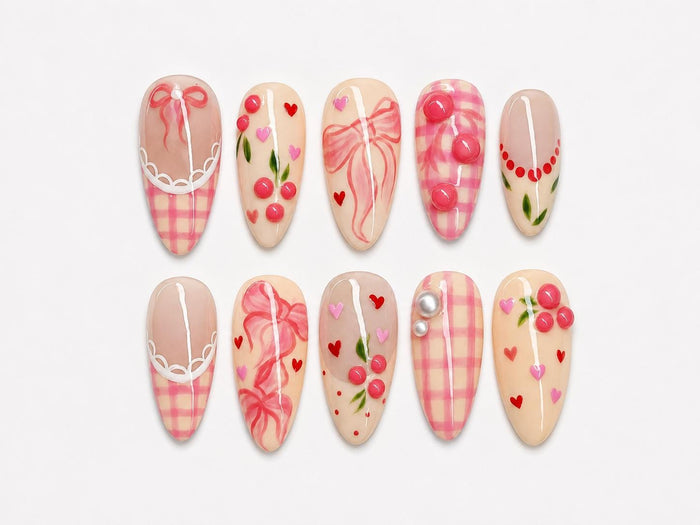 Milky Nude Cherry, Ribbon Bow & Gingham Valentine Press-On Nails