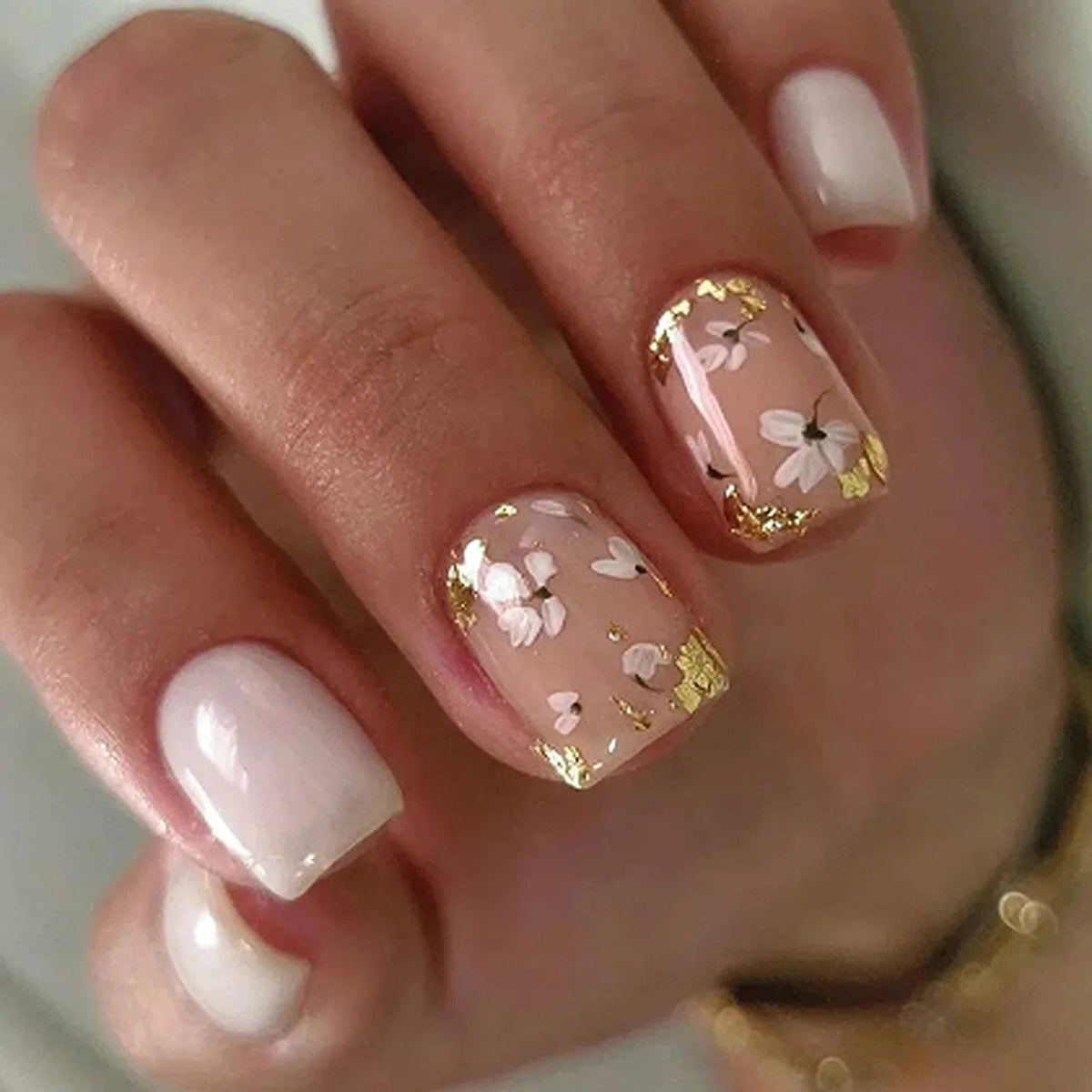 Milky White and Nude Pink Floral Gold Foil Nail Set