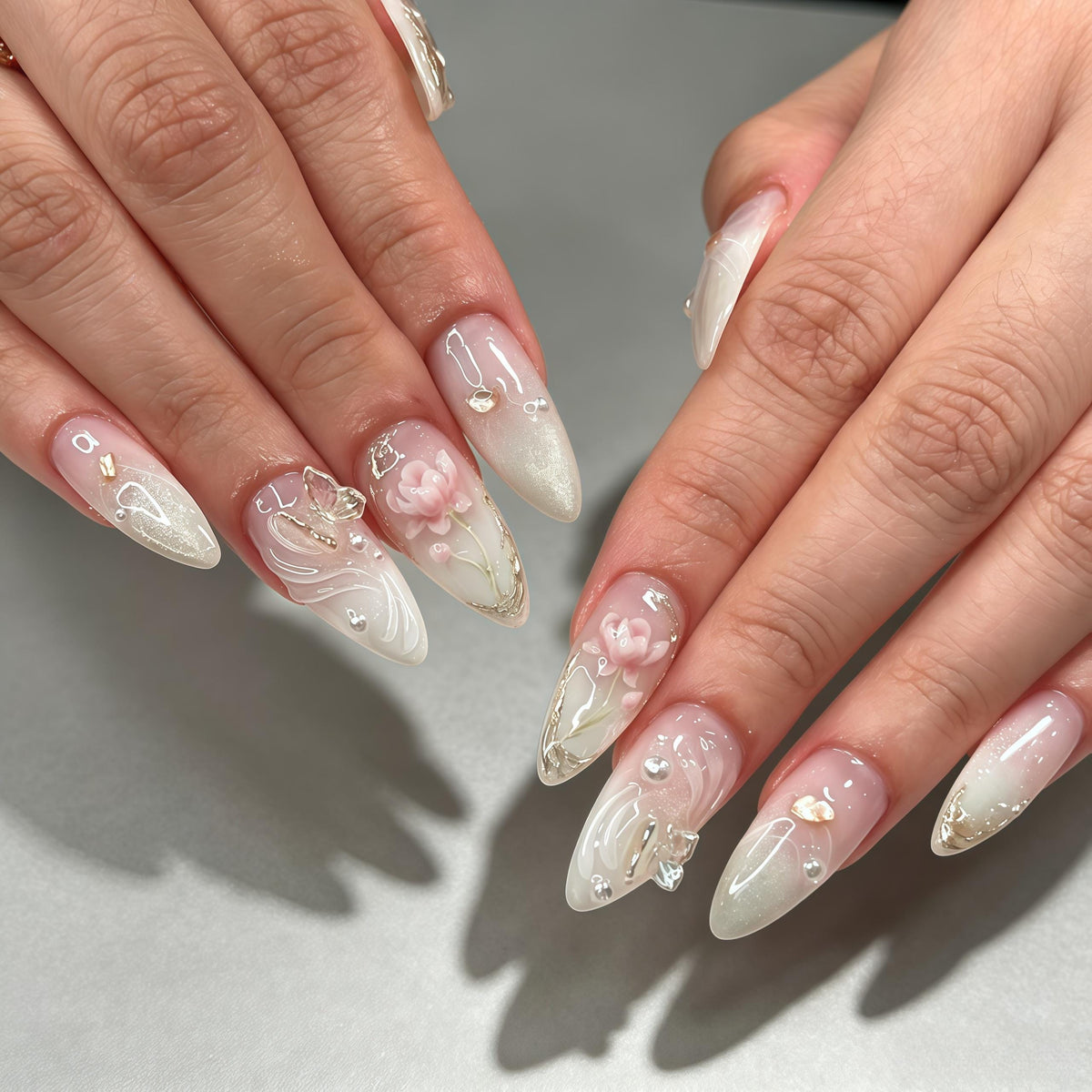 Milky White and Pink 3D Lotus Floral Wedding Nail Set
