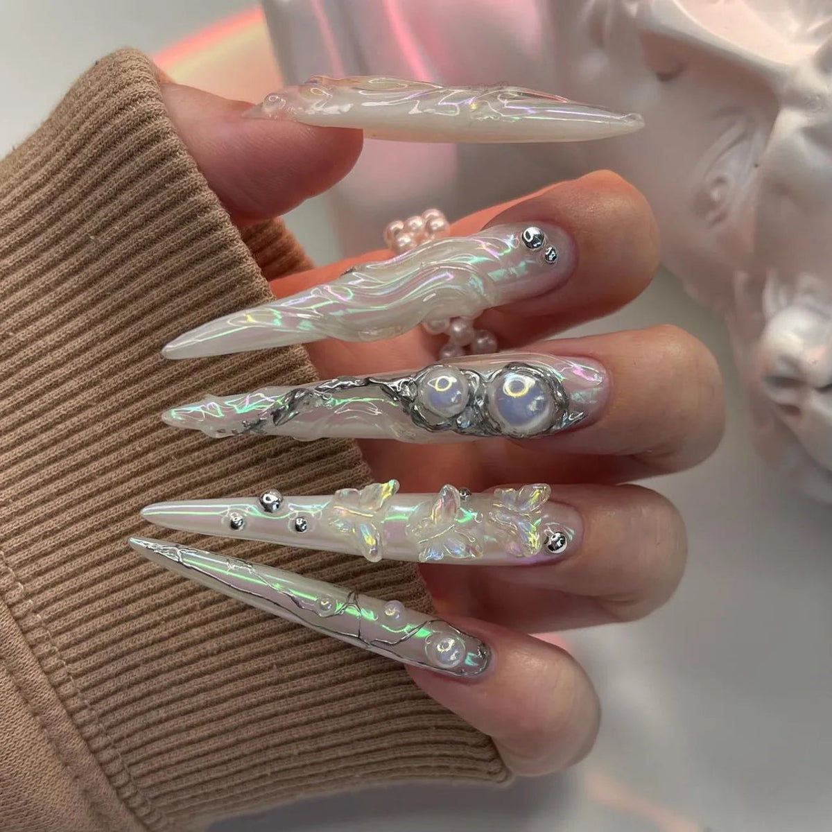 Milky White and Silver Iridescent 3D Swirl Press On Nails