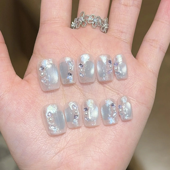 Milky White Aurora Cat Eye Press On Nails With Pearl and Rhinestone Accents