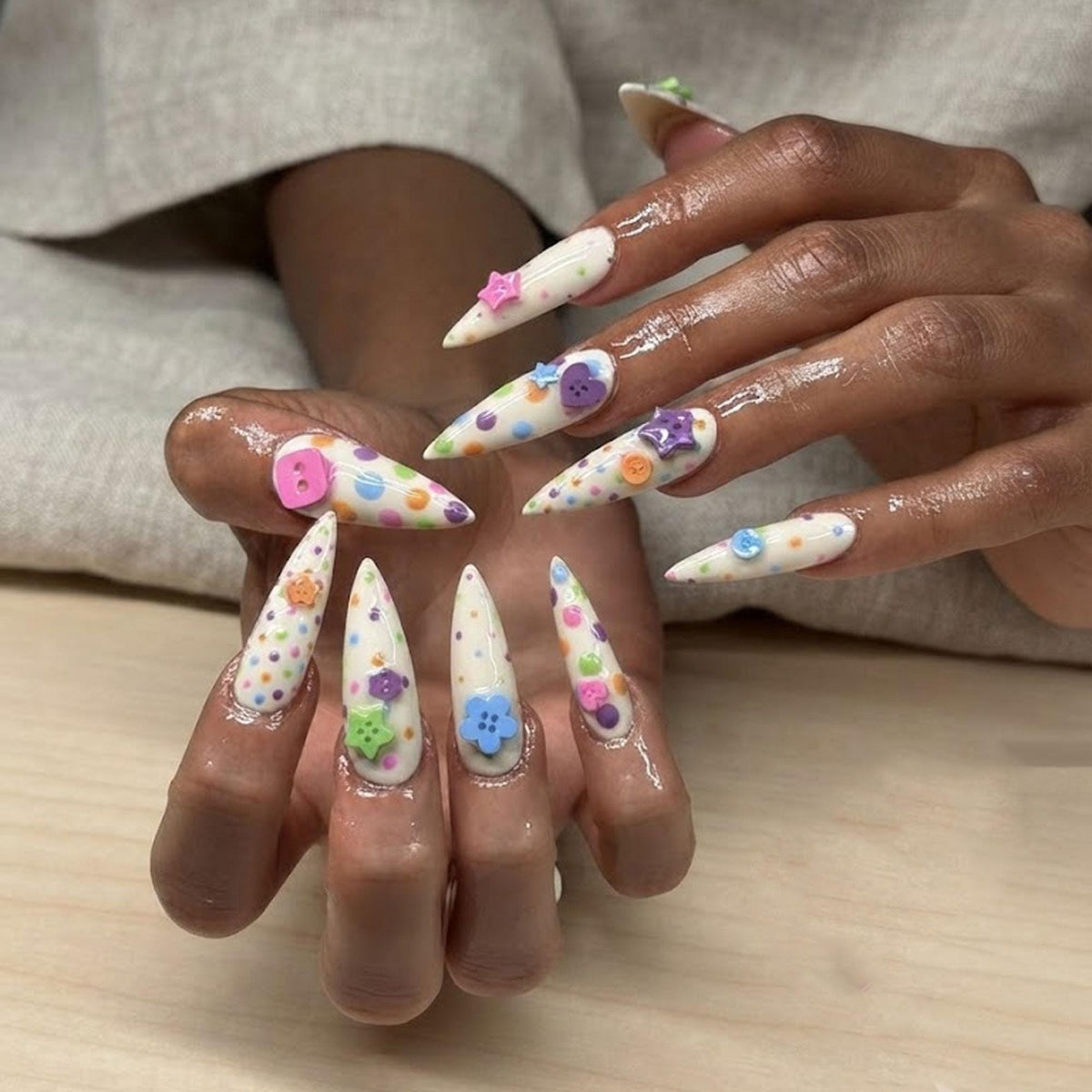 Milky White Pastel Polka Dot Press On Nails with 3D Flowers and Buttons