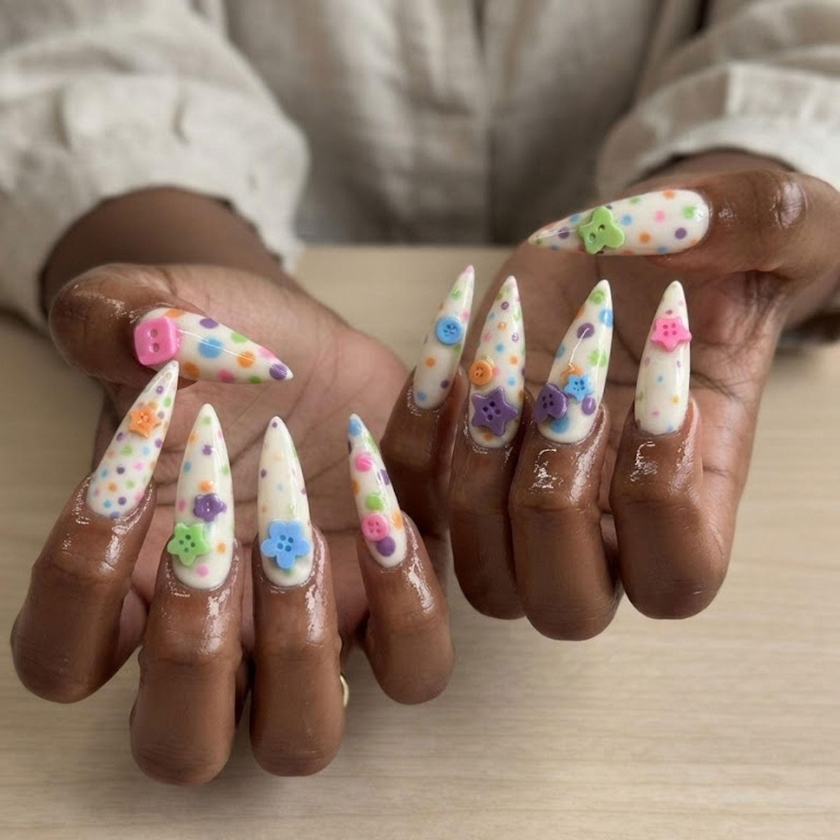 Milky White Pastel Polka Dot Press On Nails with 3D Flowers and Buttons