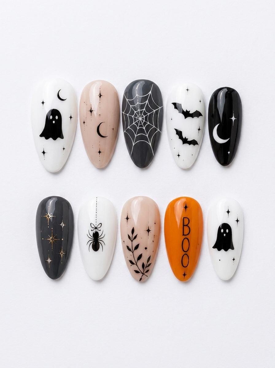 Minimalist Halloween Ghost, Bat, Spider Web and Moon Nail Set
